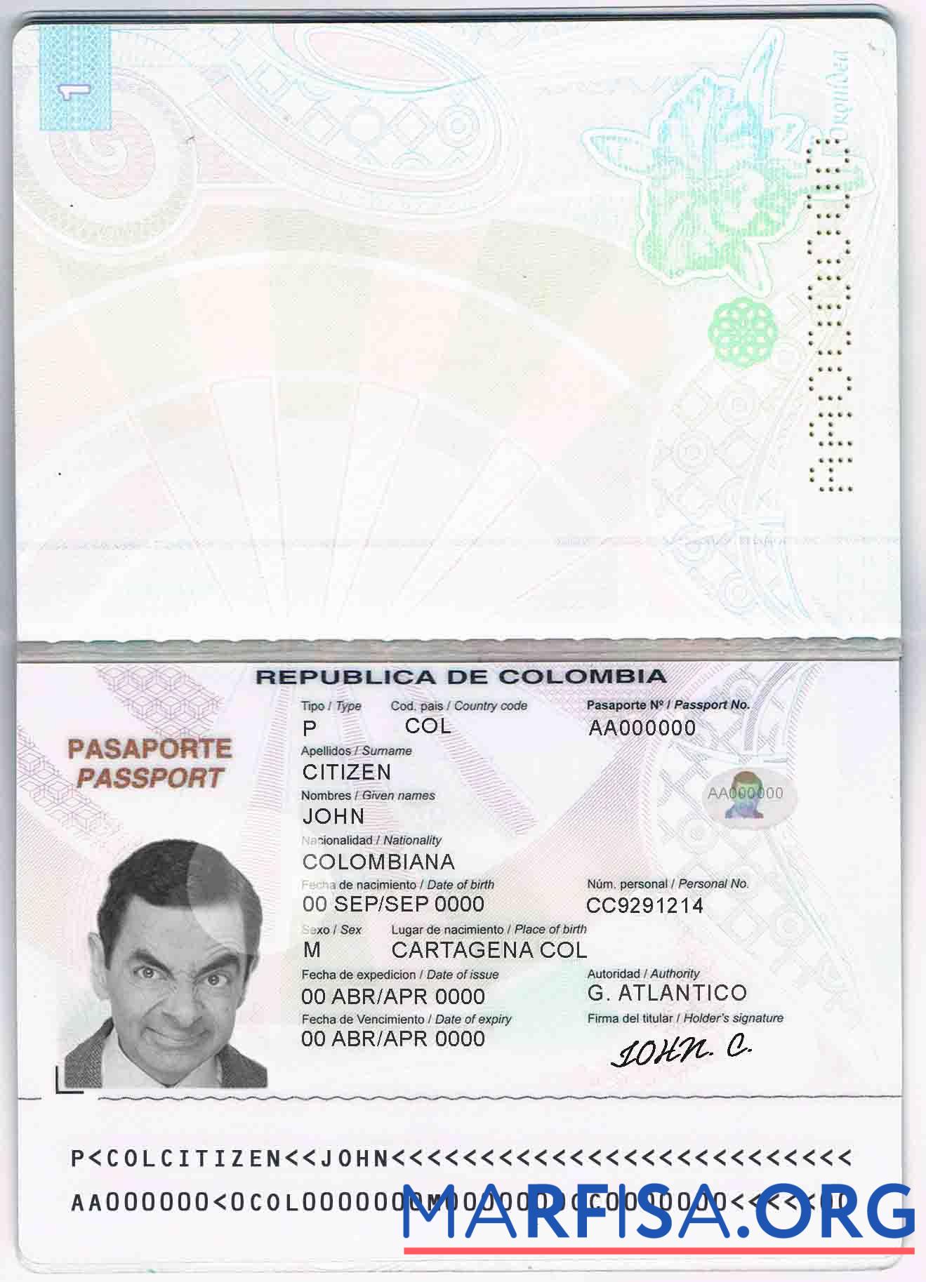 Realistic Colombia passport 2018 template